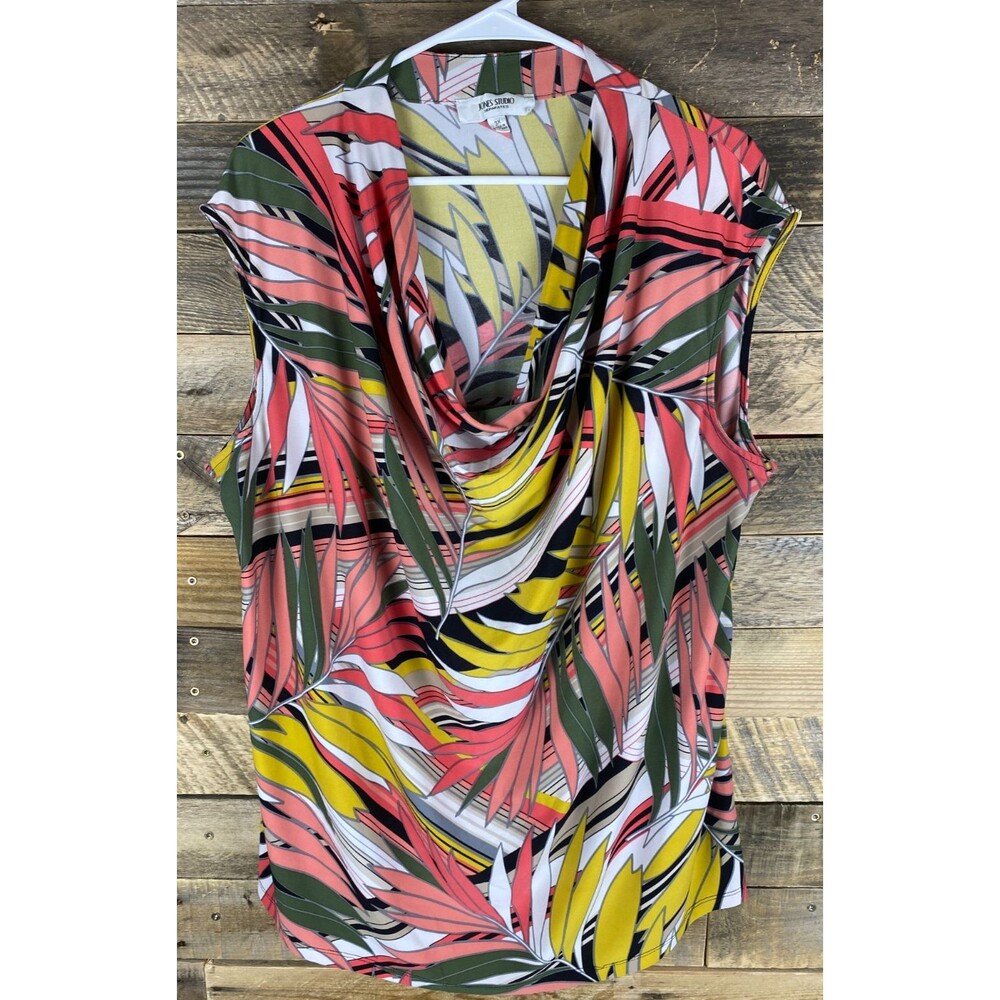 Jones Studio Womens Plus Sz 3X Colorful Tropical Cowlneck Sleeveless Top
